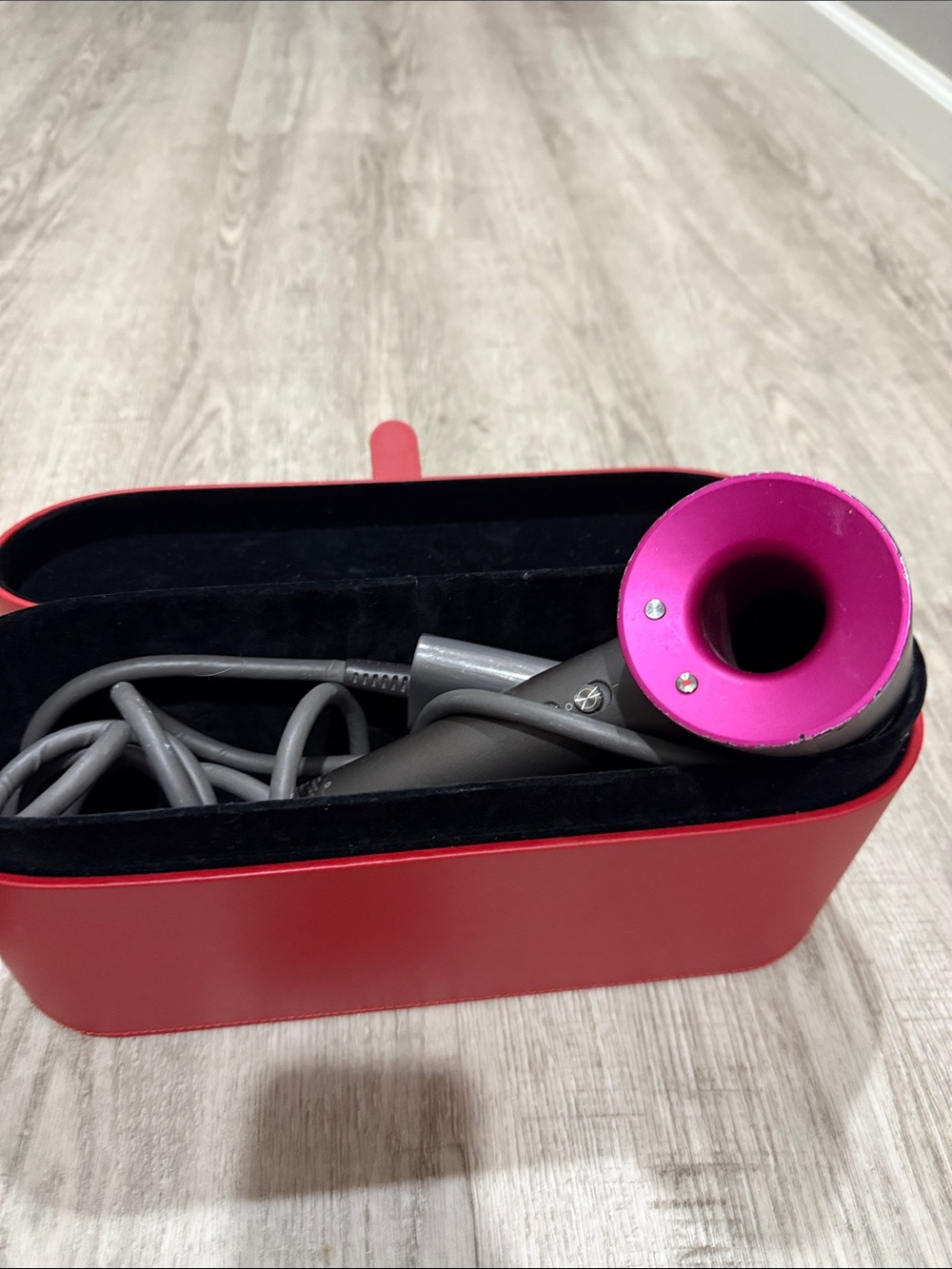 Dyson Hair Dryer with Pink Nozzle in Red Case